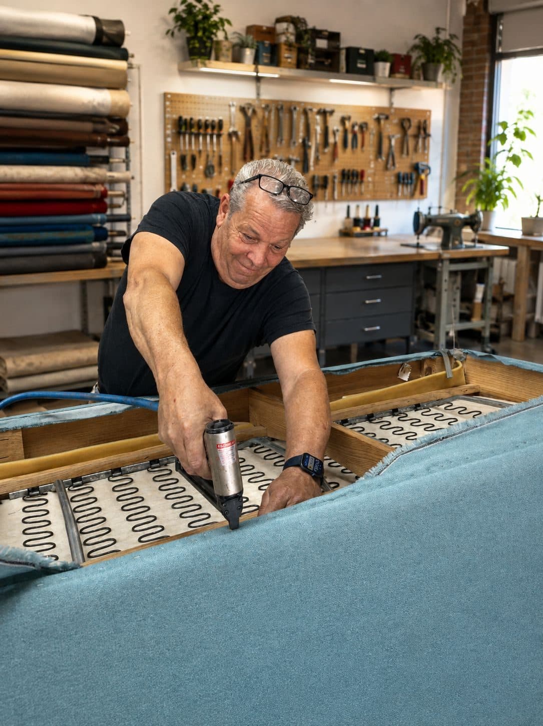 De stoffeerder niet de nieuwe stof vast op het frame van een lichtblauwe bank