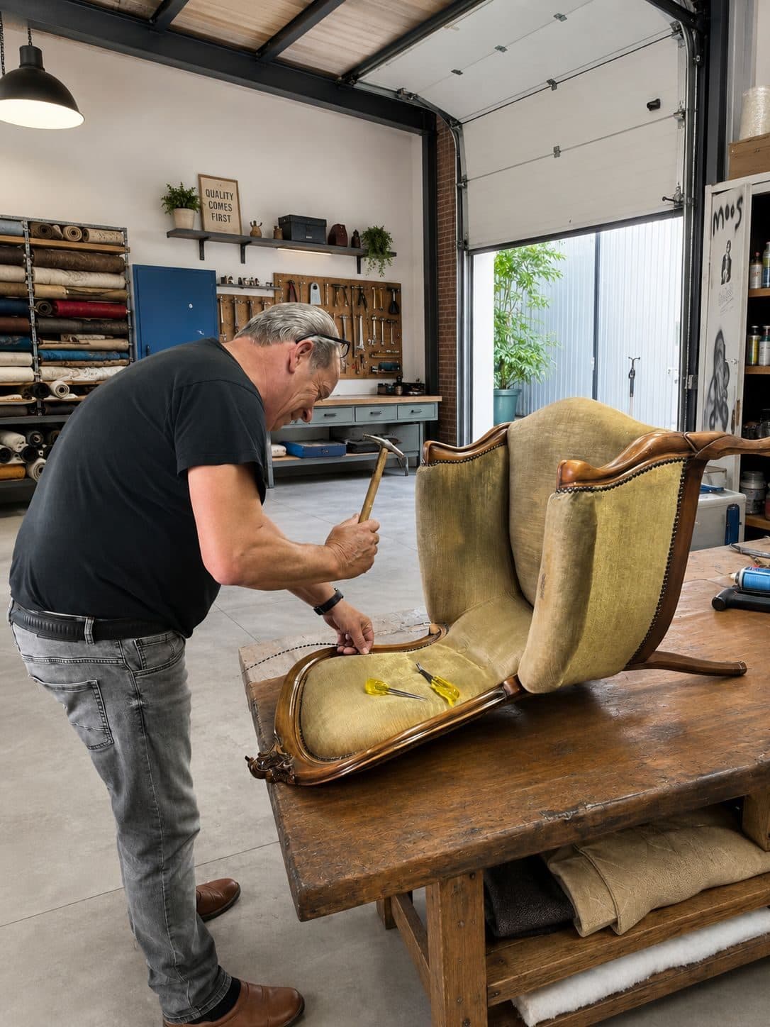 Onze stoffeerder klopt met een hamer de siernagels vast op een antieke fauteuil in het atelier