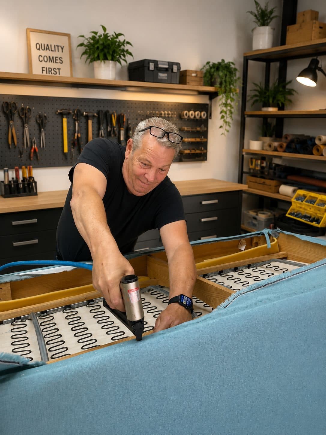 Het binnenwerk van een bank: de veren in het kale frame worden nagelopen voor de nieuwe bekleding