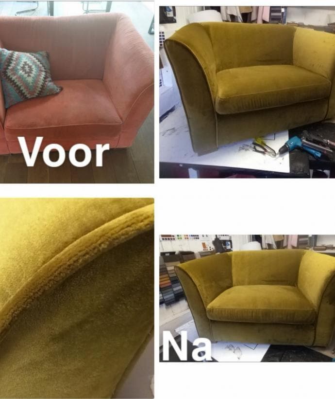 Voor en na: een versleten roze fauteuil, opnieuw gestoffeerd in okergeel velours